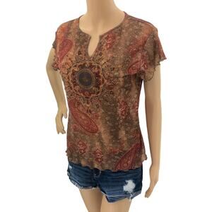 Y2K Gloria Vanderbilt MEDIUM Sheer Henna Indian Art Paisley Floral Top Tee Shirt
